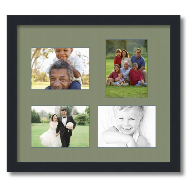 Collage Picture Frame, Satin Black Frame with 4 openings for 5x7 Photos with Green Basil Mat. D3926GK1117, ArtToFrames