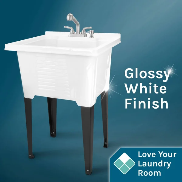 Tehila Luxe Utility Sink with Stainless Finish Pull-Out Faucet 18 Gallon - White