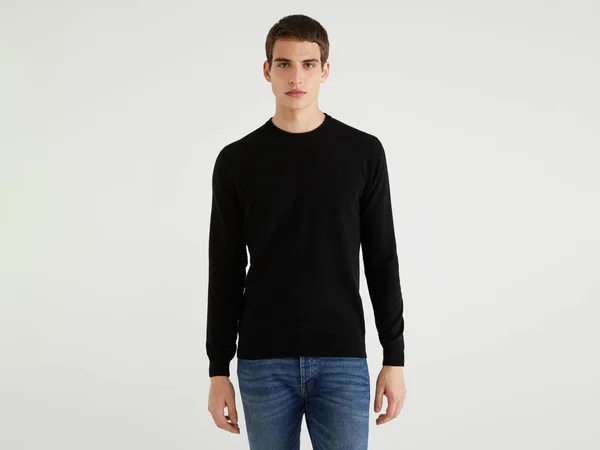 Benetton, Black Crew Neck Sweater in Pure Virgin Wool, Size L, Black, Men