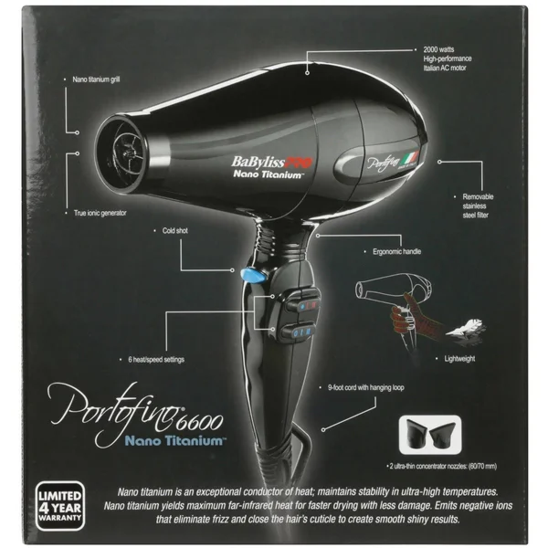 Babyliss Pro Nano Titanium Portofino Hair Dryer, Black