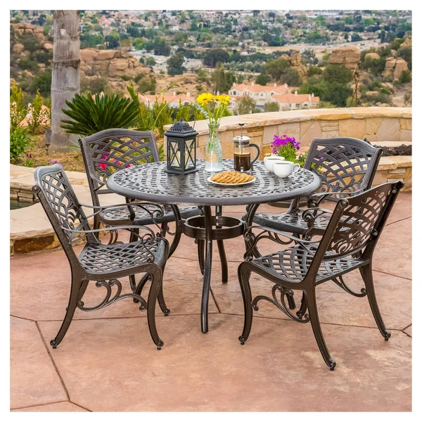 Christopher Knight Home Hallandale Sarasota Cast 5-Piece Outdoor Dining Set, Bronze Brown