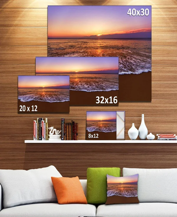 Design Art Orange Tinged Sea Waters at Sunset Photographic Print on Wrapped Canvas, Size: 12x22 H x 20x22 W x 1x22 D, Blue