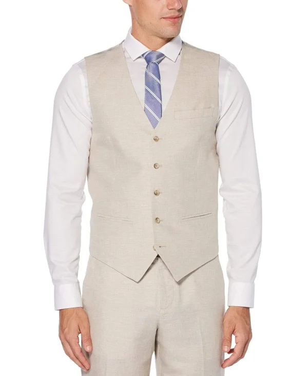 Perry Ellis Men's Linen Herringbone Vest - Natural Linen