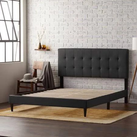 Rest Haven Upholstered Platform Bed Frame with Square Tufted Headboard, Cal King, Charcoal, Size: California King