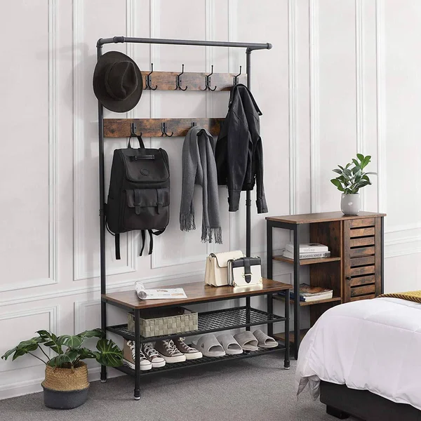 Benjara Metal Coat Rack with Wooden Bench and Two Wire Meshed Shelves, Brown and Black