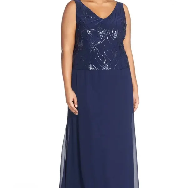 Alex Evenings Plus Size Sequined Chiffon Dress and Jacket - 14W, Navy
