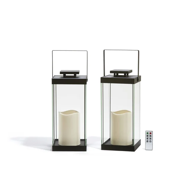 Large Glass Flameless Candle Lanterns - 14.5x22 Height, Fall-Ready Decor, Warm White LEDs, Black Metal Finish, Indoor/Outdoor Use