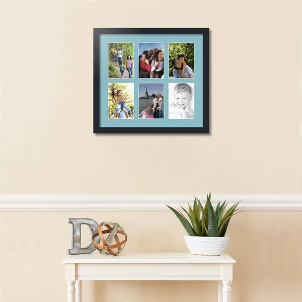 Collage Picture Frame, Satin Black Frame with 6 openings for 5x7 Photos with French Blue Mat. D3926FB2041, ArtToFrames