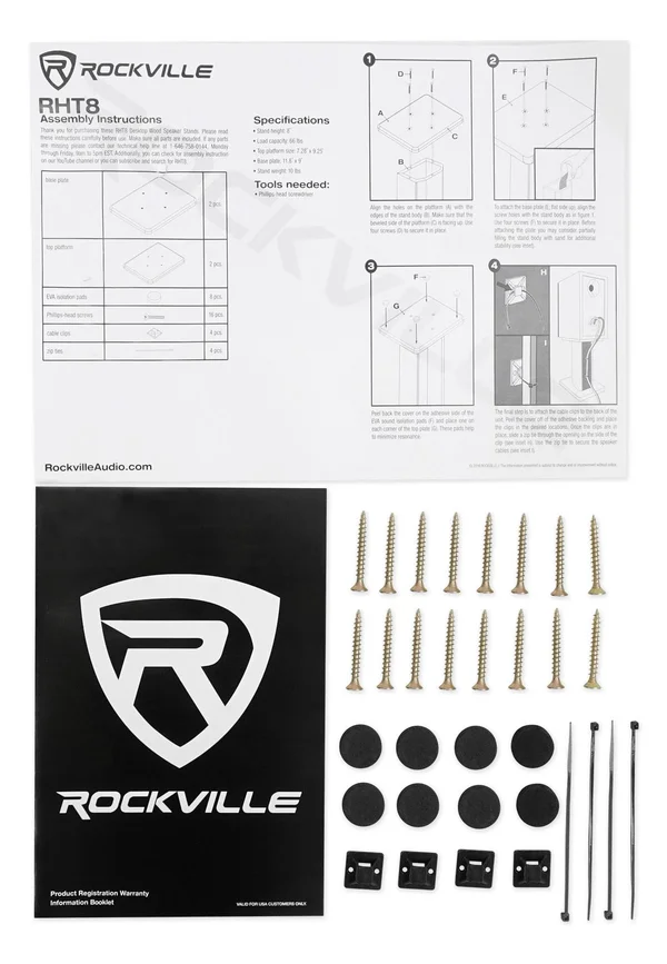 Rockville 8 Black Studio Monitor Speaker Stands for KRK Rokit 5 G3 Monitors RHT8B