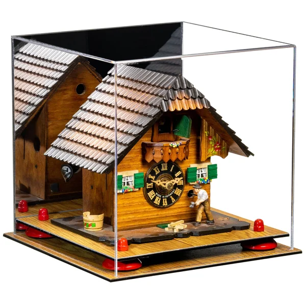 Wood Base Acrylic Versatile Display Case 10 x 10 x 10 Mirror (A028/V33) - Wood Base, Red Risers, No Wallmount, Better Display