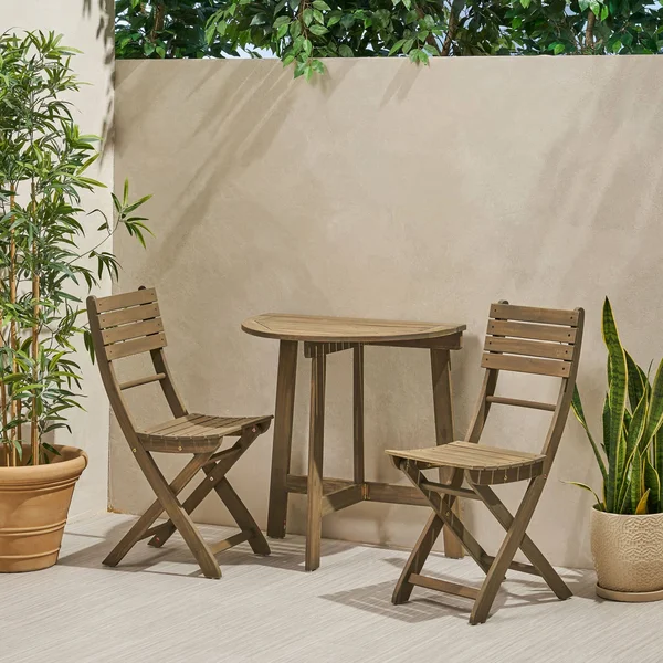 Sophia Outdoor 2 Seater Half-Round Folding Acacia Wood Bistro Table Set, Gray
