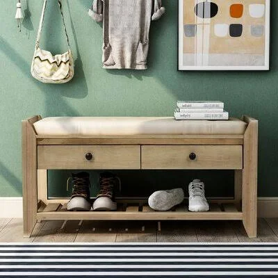 Cushioned Seat and Drawers - Multipurpose Entryway Storage Bench Red Barrel Studio Color: Gray Wash