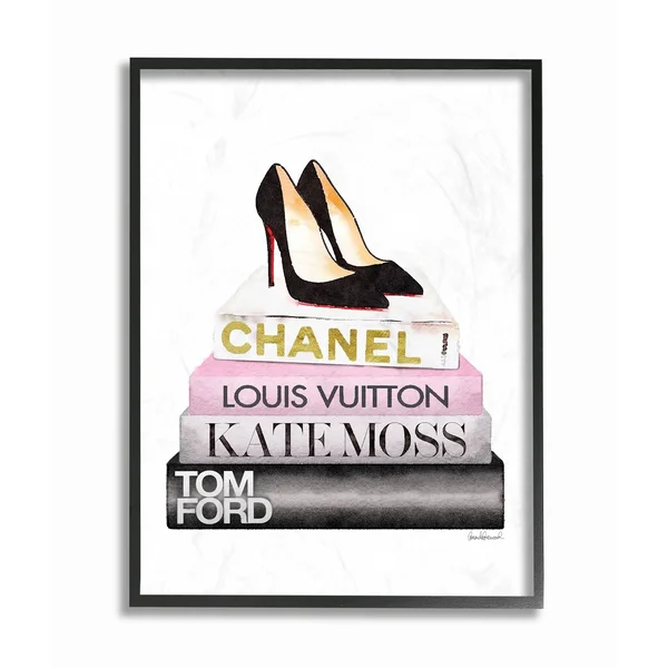 Stupell Industries Fashion Designer Shoes Bookstack Pink Black Watercolor Framed Wall Art by Amanda Greenwood - Size: 24 x 30