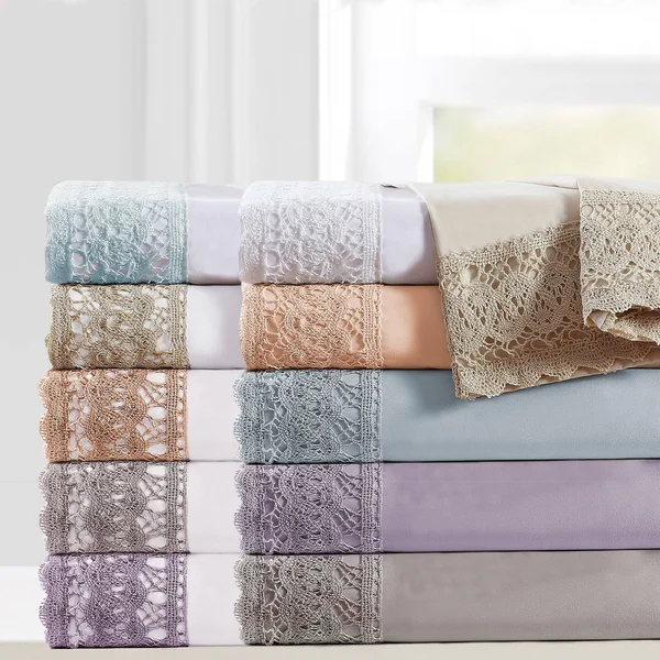 Udine 4 Piece Queen Size Sheet Set with Crochet Lace The Urban Port - White and Cream