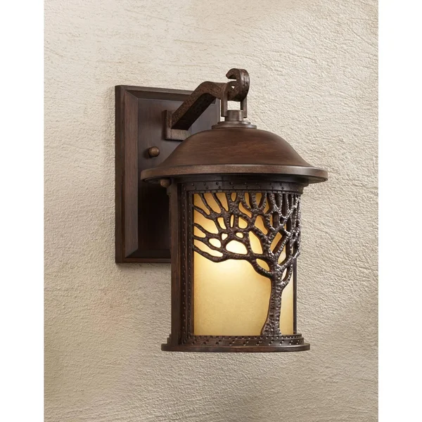 John Timberland Mission Outdoor Wall Light Fixture Bronze Tree Motif 12 1/4x22 Amber Glass Lantern for Exterior House Porch Pati