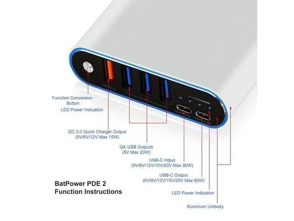 BatPower PDE 2 P60s USB C External Battery Power Bank Portable Charger for New MacBook Pro 15, 13-inch 2016 2017 to Current Surf