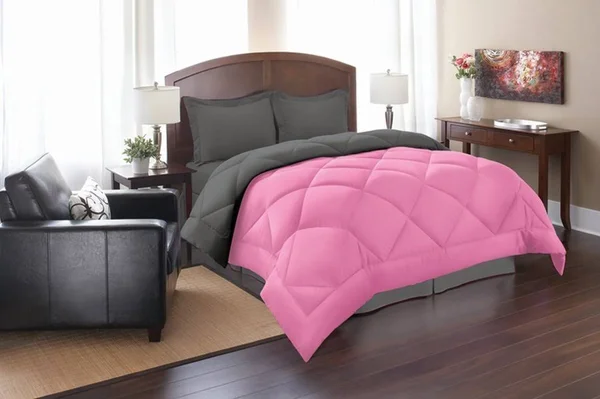 Elegant Comfort All Season Goose Down Alternative Reversible 3-Piece Comforter Set- Available in and Colors - Full/Queen, Pink/G
