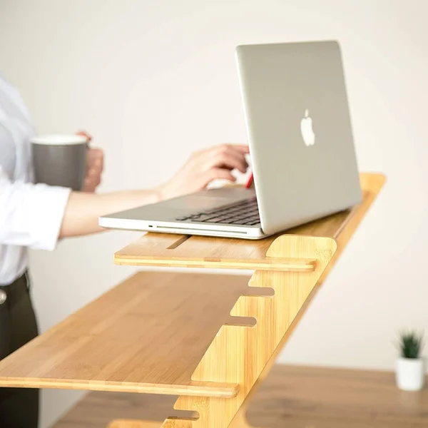 Crew & Axel Standing Desk Converter 100% Natural Bamboo Adjustable Sit Stand Riser Workstation for Desktop or Laptop, Dual M