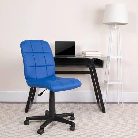 Mid-Back Blue Quilted Vinyl Swivel Task Office Chair, Size: 23W x 24d x 34 - 38.75H