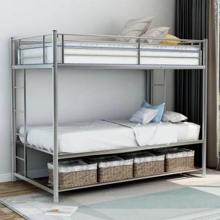 Euroco Metal Twin Over Twin Bunk Bed Frame with Storage Shelf, Silver