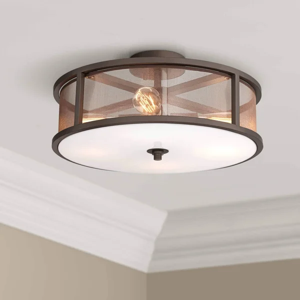 Possini Euro Design Industrial Ceiling Light Semi Flush Mount Fixture Bronze 18 3/4x22 Wide 4-Light Brown Organza for Living Roo