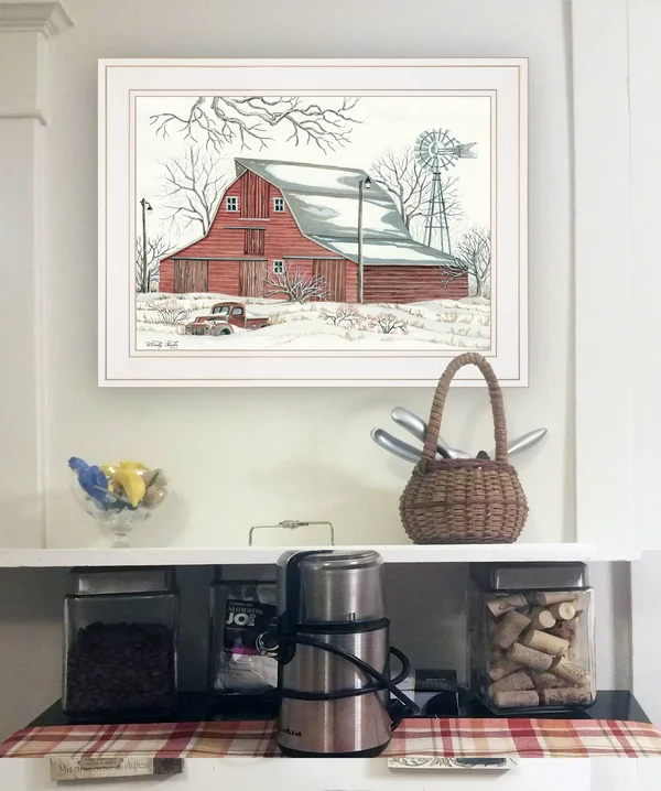 TrendyDecor4U Winter Barn with Pickup Truck by Cindy Jacobs - Ready to Hang Framed Print, White Frame
