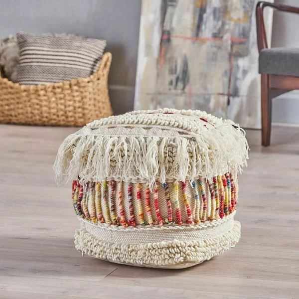Christopher Knight Home Roth Boho Wool Pouf - Ivory and Multi-Colored