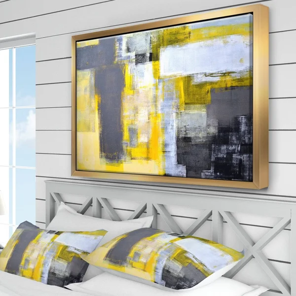 Designart Grey and Yellow Blur Abstract- Abstract Framed Canvas Art Print in Gold, FL6269-46-36-GD