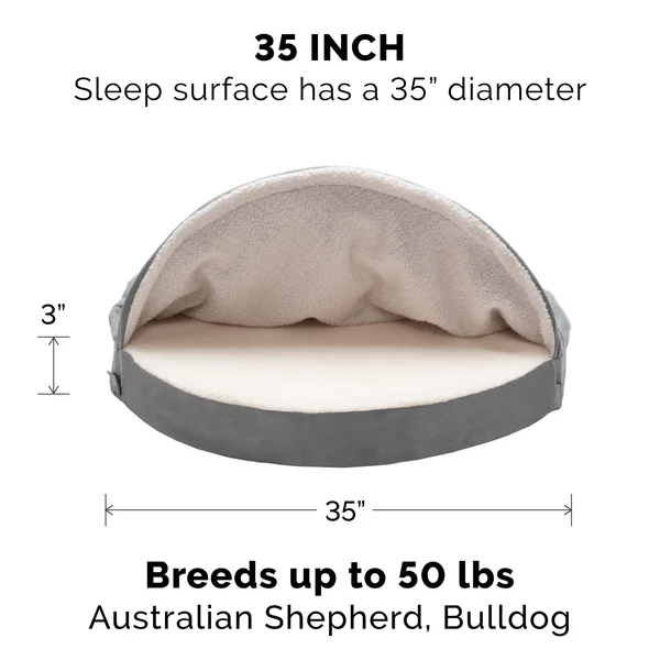 FurHaven Pet Dog Bed, Memory Foam Round Faux Sheepskin Snuggery Burrow Pet Bed for Dogs & Cats (Gray, 35x22 Base)