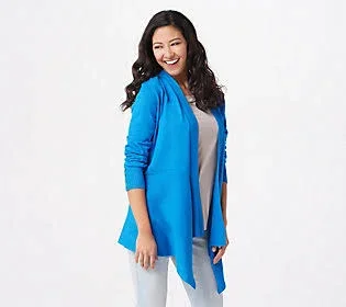Susan Graver Rayon Nylon Sweater Cardigan with Button Detail - Size Large, Simply Blue