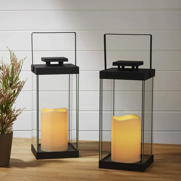 Large Glass Flameless Candle Lanterns - 14.5x22 Height, Fall-Ready Decor, Warm White LEDs, Black Metal Finish, Indoor/Outdoor Use