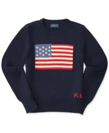 Ralph Lauren Girls 7-16 Flag Cotton Crewneck Sweater - Hunter Navy - XL