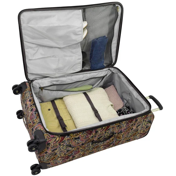 London Fog Cranford 20x22 Expandable Carry-On Spinner Black Gold Plum Paisley
