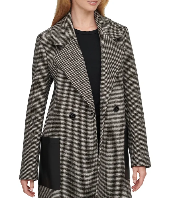 Calvin Klein Double Breasted Plaid Wool Blend Faux Leather Patch Pockets Walker Coat, Womens, XL, Black