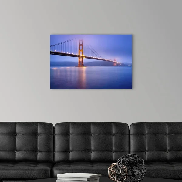 Golden Gate Bridge in San Francisco at Dusk, Bridge Lights Light Up Low Fog., Canvas Wall Art, 30x20, Great Big Canvas