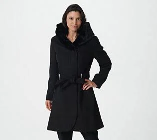 Belle by Kim Gravel Faux Fur Trim Belted Coat, Size 1X, Black