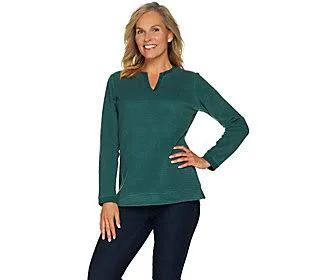 Denim & Co. Essentials Split V-Neck Chenille Fleece Top - Size X-Large, Evergreen