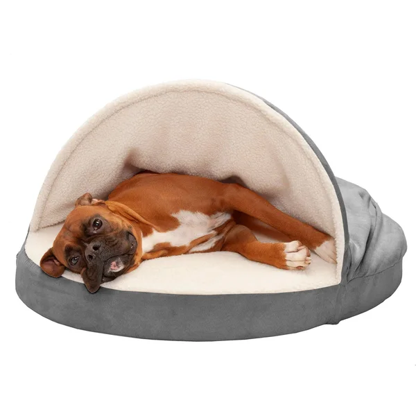 FurHaven Pet Dog Bed, Memory Foam Round Faux Sheepskin Snuggery Burrow Pet Bed for Dogs & Cats (Gray, 35x22 Base)