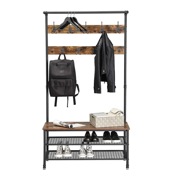 Benjara Metal Coat Rack with Wooden Bench and Two Wire Meshed Shelves, Brown and Black