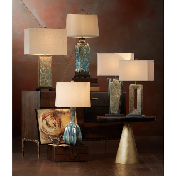 Franklin Iron Works Modern Table Lamp Tapered Natural Slate Bronze Metal Rectangular Shade for Living Room Family Bedroom Bedsid