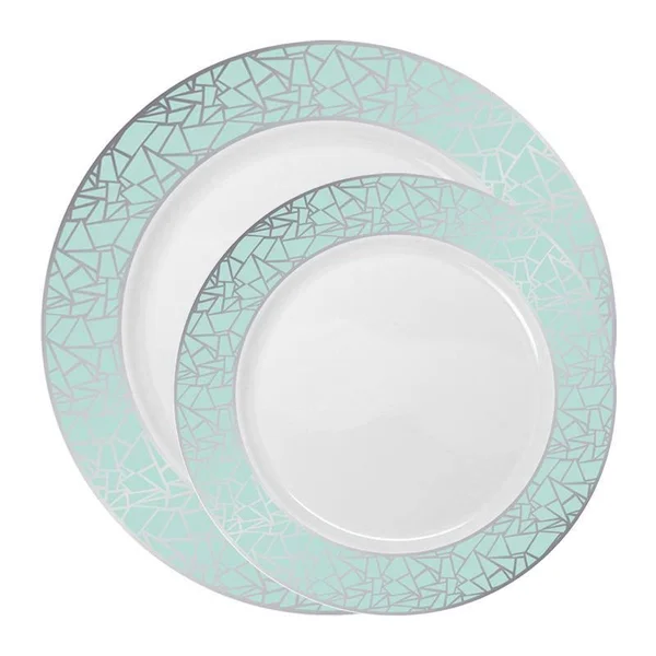 120 Dinner Plates + 120 Salad Plates, Turquoise with Silver Mosaic Rim Combo Plastic Dinnerware Value Set
