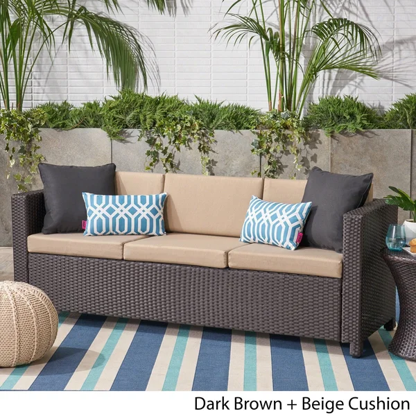Christopher Knight Home Puerta Outdoor (PE) Wicker 3 Seater Sofa by Brown + Ceramic Grey Cushion