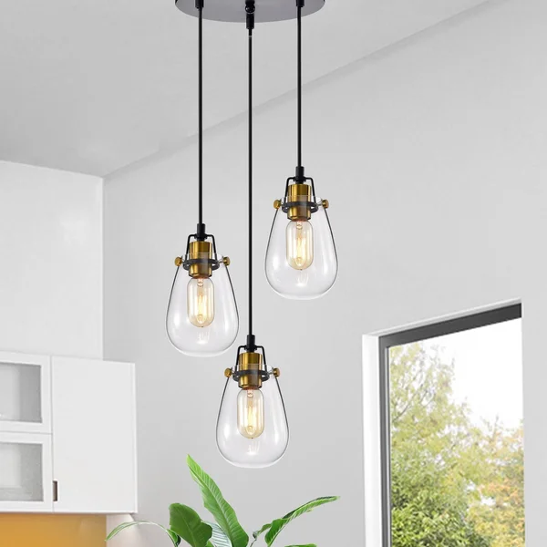 Edvivi 3-Light Black and Antique Gold Pendant with Glass Shade