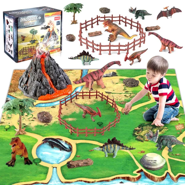 Dinosaur Volcano Figures Toy with Mat - Educational Mist-spouting Volcano Playset with Realistic Dinosaurs, Stone and Tree to Creat