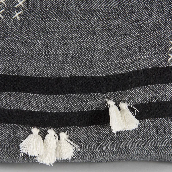 Sibyl 18L x 18W Dark Gray and Black Fabric Striped and Fringed Decorative Pillow Cover - Mercana 69419