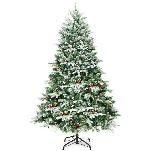 6.5ft Pre-Lit Snow Flocked Hinged Artificial Christmas Tree - Costway
