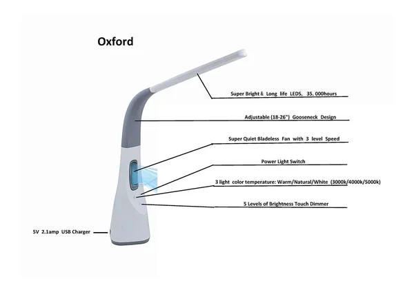 Artiva USA LED811108WFU Oxford Adjustable LED Desk Lamp with Bladeless Fan & USB Charger - White/Gray