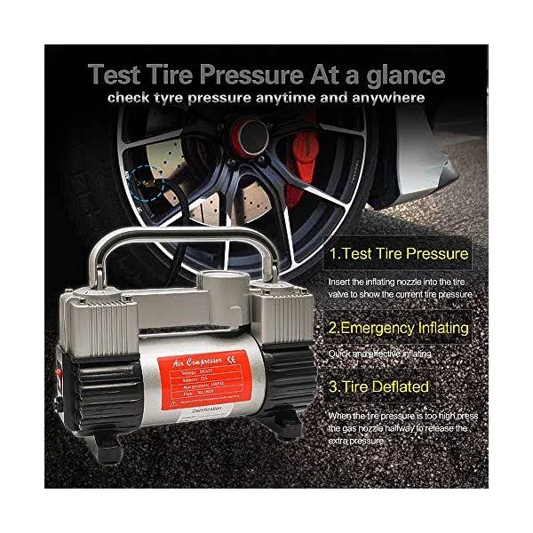 GSPSCN Silver Tire Inflator Heavy Duty Double Cylinders with Portable Bag - Metal 12V Air Compressor Pump 150PSI with Adapter for