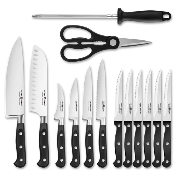 Cook N Home 02630 15-Piece Knife Set with Bamboo Storage Block - Stainless STEE Silver
