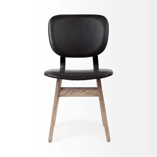 Black Faux Leather Wrap Brown Solid Wood with Iron Base Dining Chair